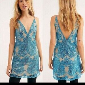 NWOT Free People Night Shimmer Plunging V-Neck Sequin Strappy Mini Sheath Dress